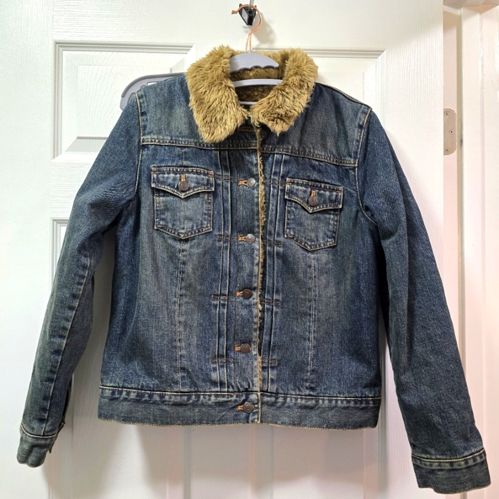 GAP Y2K 2002 Faux Fur Shearling lined Denim Jean Trucker Jacket Medium M